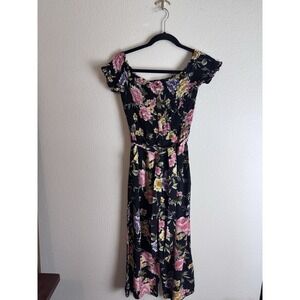 Nevena Rae Floral Smocked Wide Leg Jumpsuit Black Pink Yellow Womens Medium